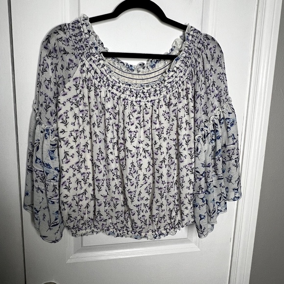 Free People Rose Valley Printed Blouse Top Shirt Size S White Blue Floral - Picture 2 of 6
